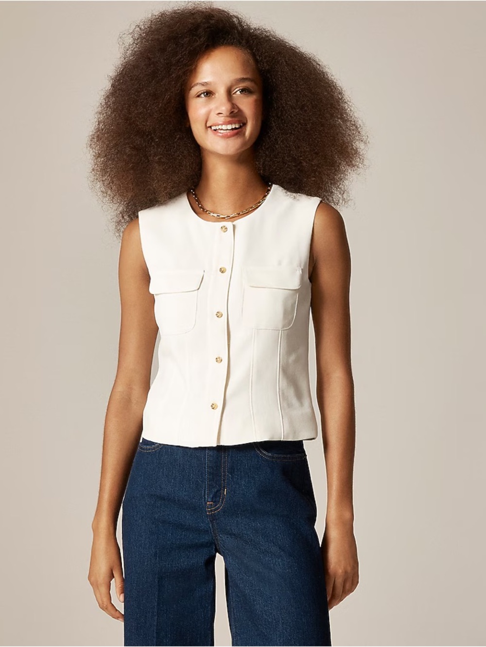 J.Crew Crewneck Button Down Vest in City Crepe Size 10 Ivory